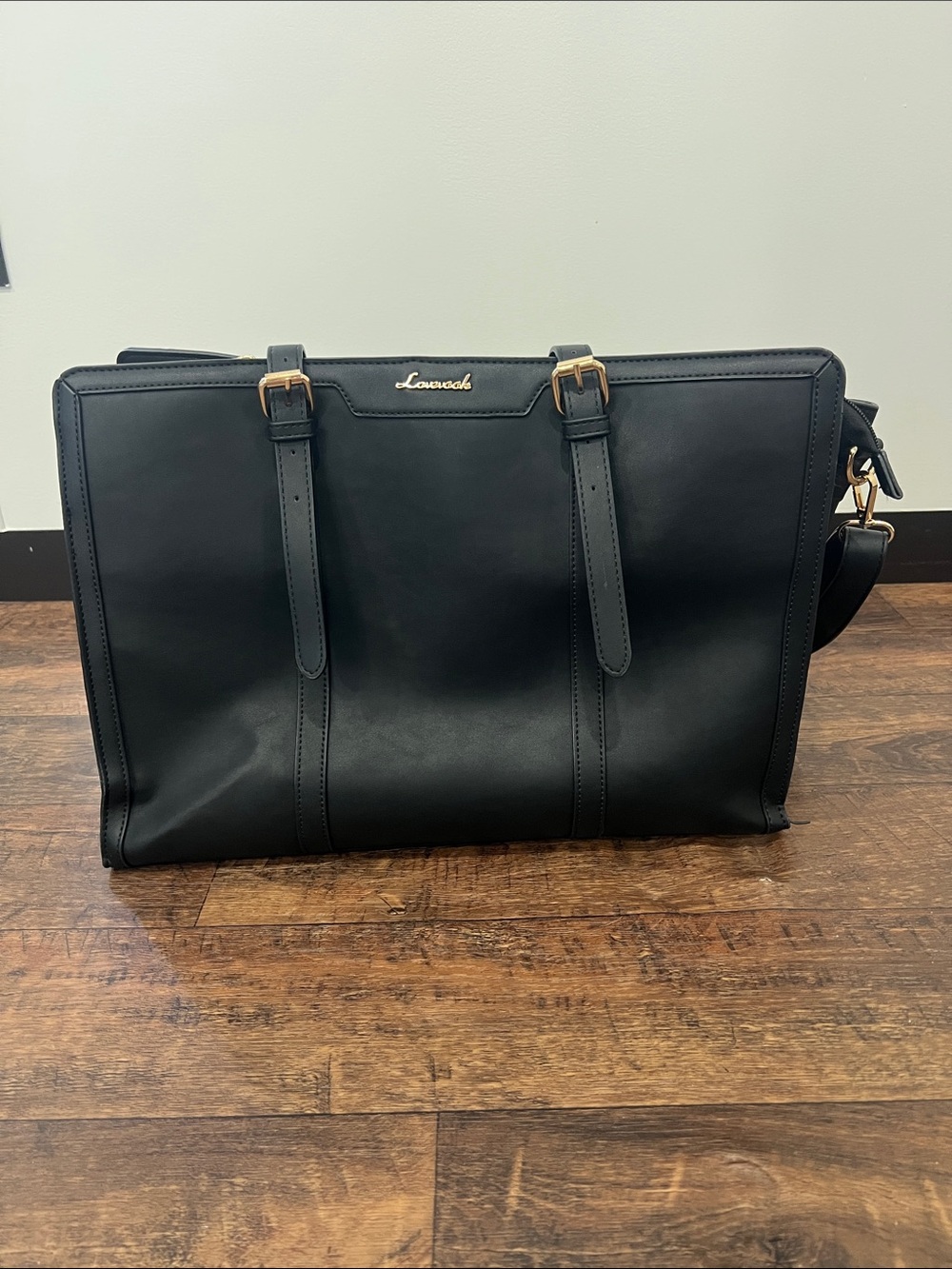 Black Leather Women’s Laptop Bag with Gold Accents